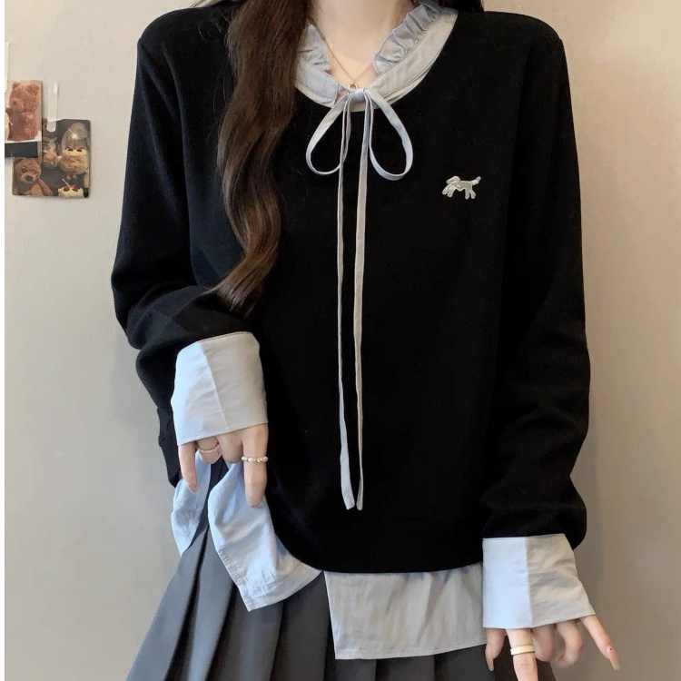  (糖500-糖599) 学院风假两件正肩长袖衬衫显瘦别致上衣