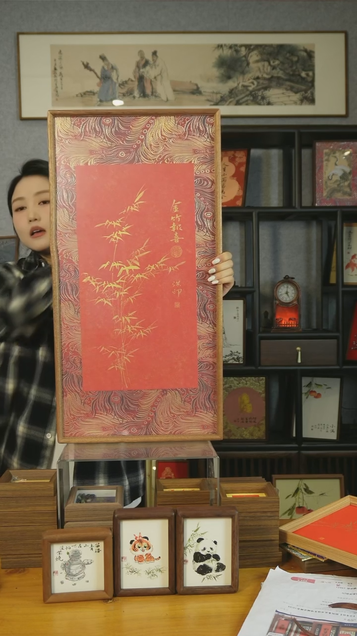 【闪购商品】书法实木宋锦【金竹报喜】37*68