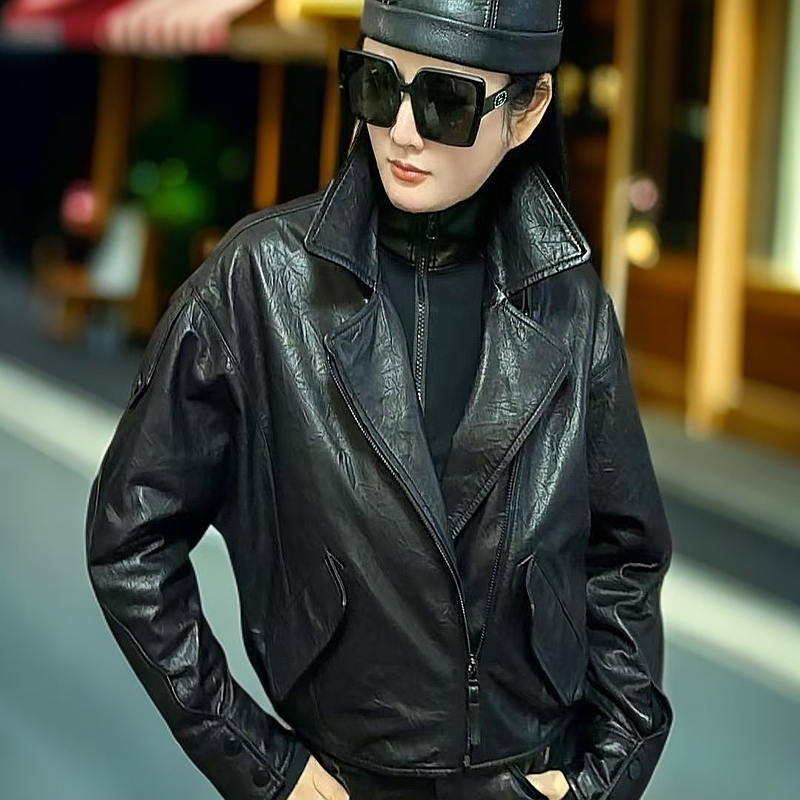 仙姐姐短款抓纹加绒秋冬韩版真皮翻领皮衣外套休闲皮夹克时尚上衣