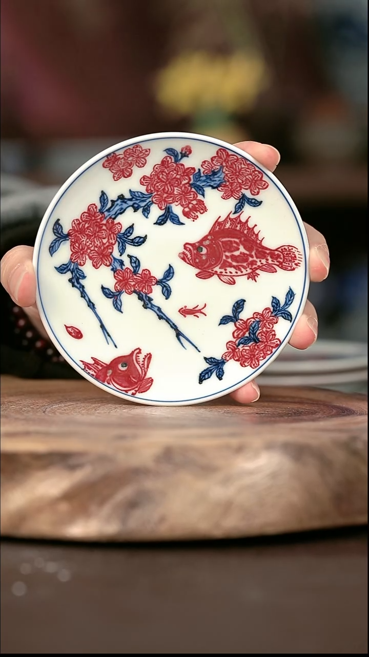 手绘 高温现代瓷  气窑  桃花鳜鱼肥杯垫10CM