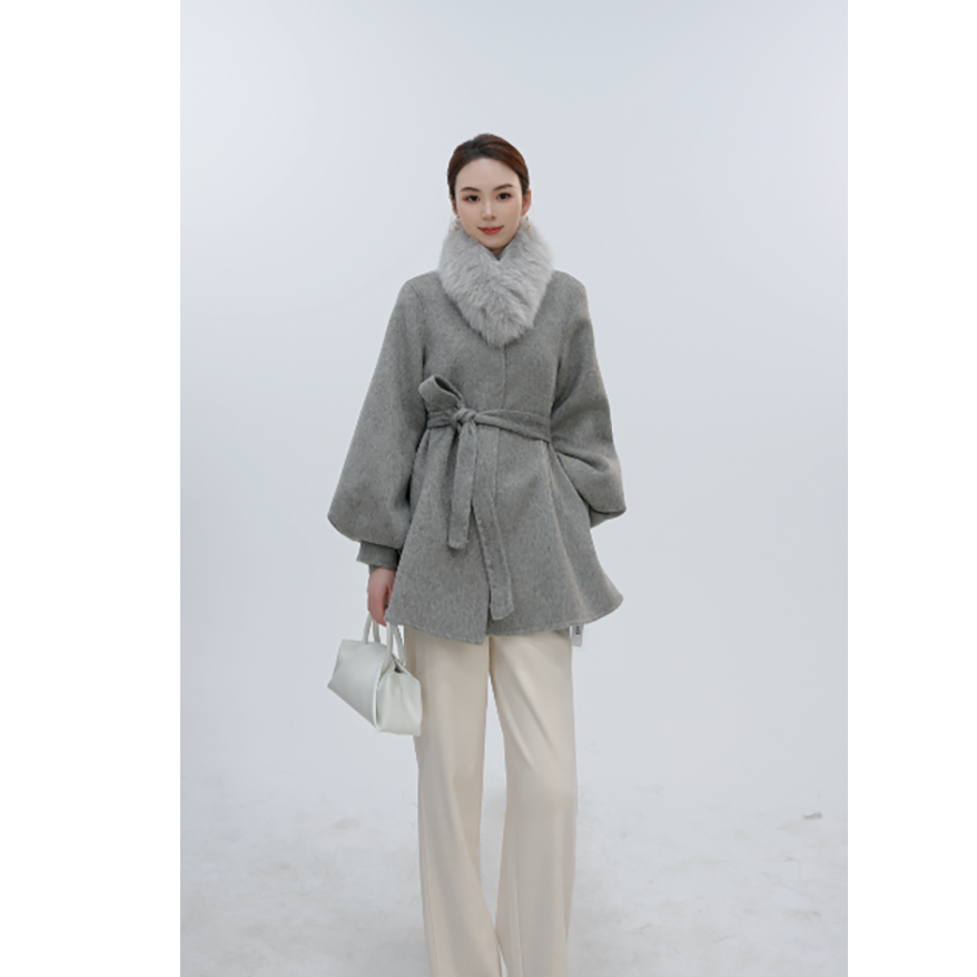 「JS」中长款圆领纯色带毛领外套宽松短款JD1D0342