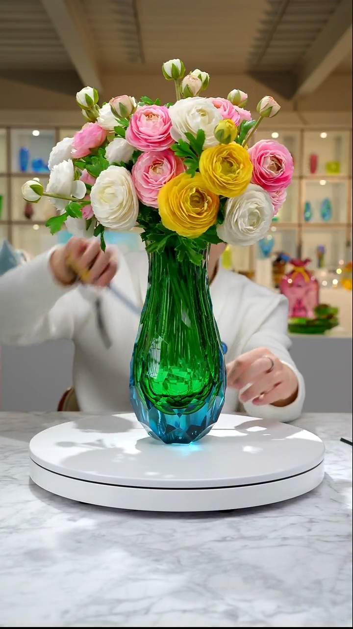 手工艺品琉璃祖母绿蓝凹面花器中号