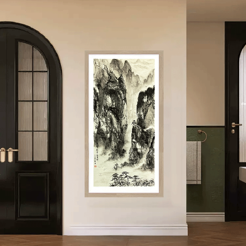 新中式山水风景竖版装饰画入户玄关过道壁画书房茶室办公室挂画