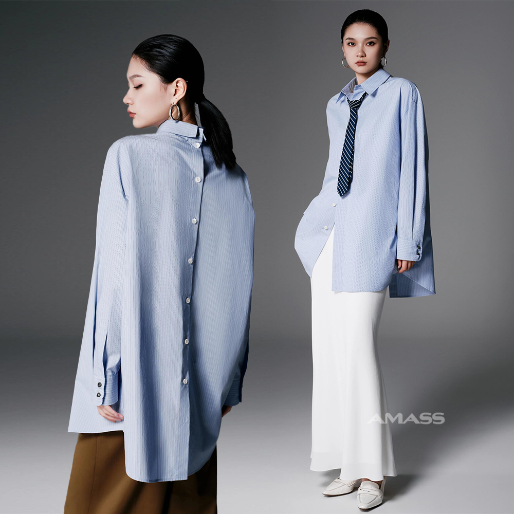 AMASS/阿玛施春夏新款法式宽松天蓝色条纹长袖衬衫女叠穿5301110