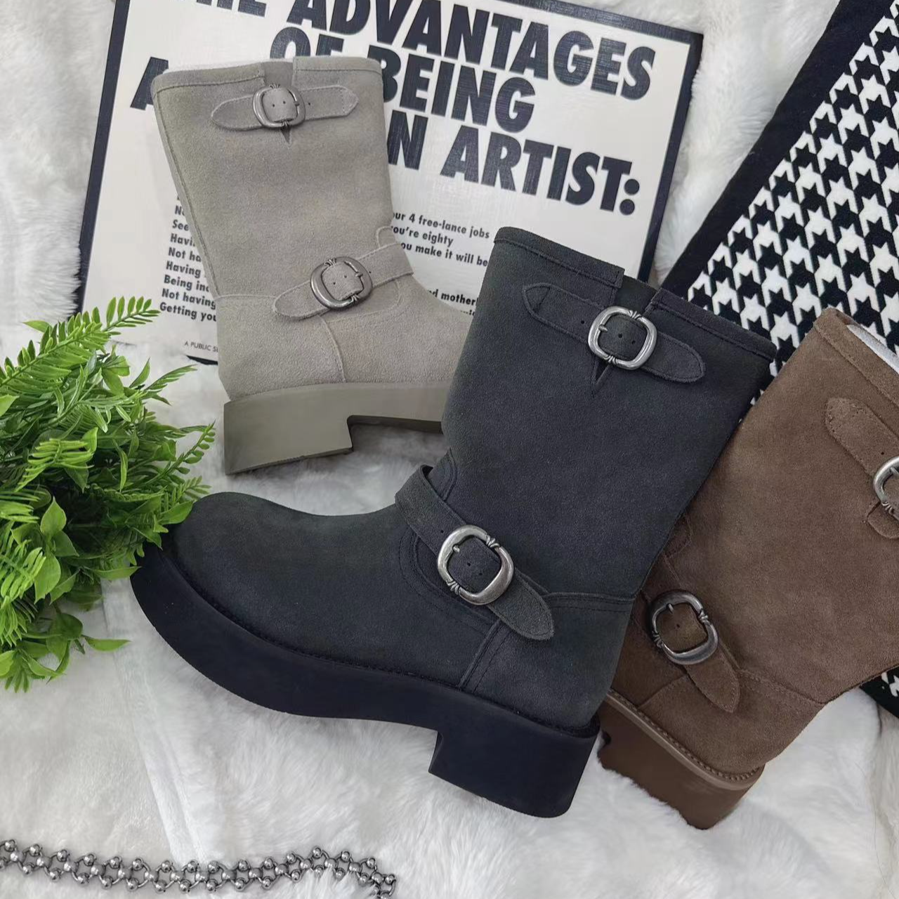 潮鞋~厚底中筒短靴女复古堆堆靴金属扣机车靴马丁靴