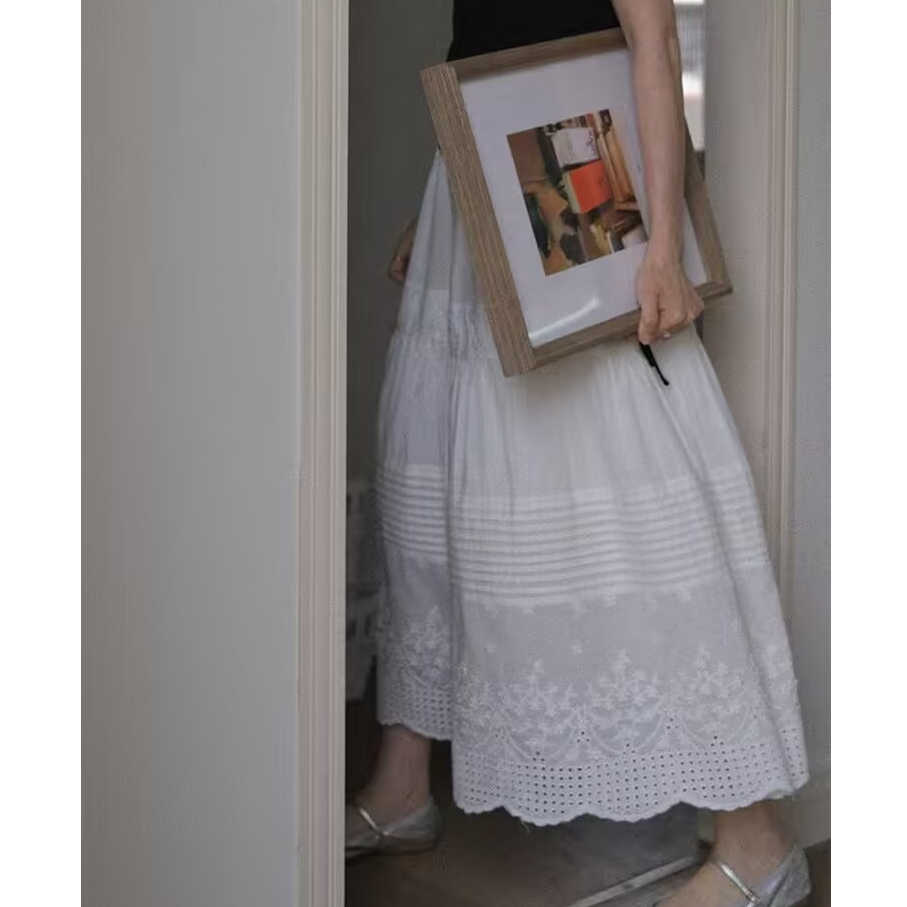半身裙女2025新款早春白色高腰a字蕾丝伞裙法式长款裙子垂顺百搭