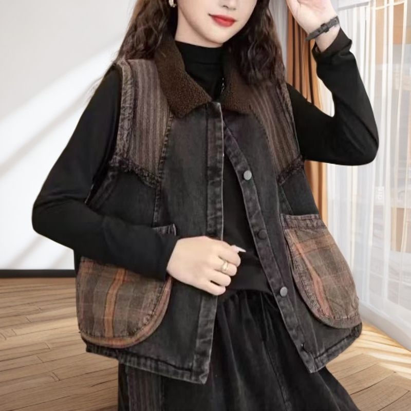 MF-冬款加绒翻领炒色牛仔贴布撞色马甲拼接宽松休闲秋冬外穿马夹