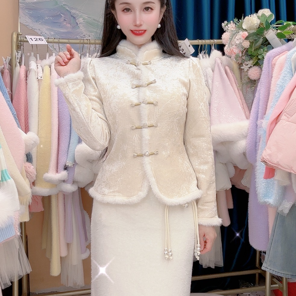 新中式盘扣两件套秋冬新款加绒加厚立领不起球外套高腰长款套装