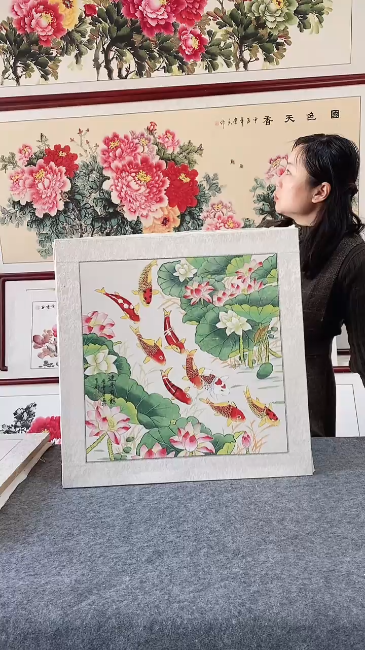 国画国画纯手绘65*65CM带框装饰字画