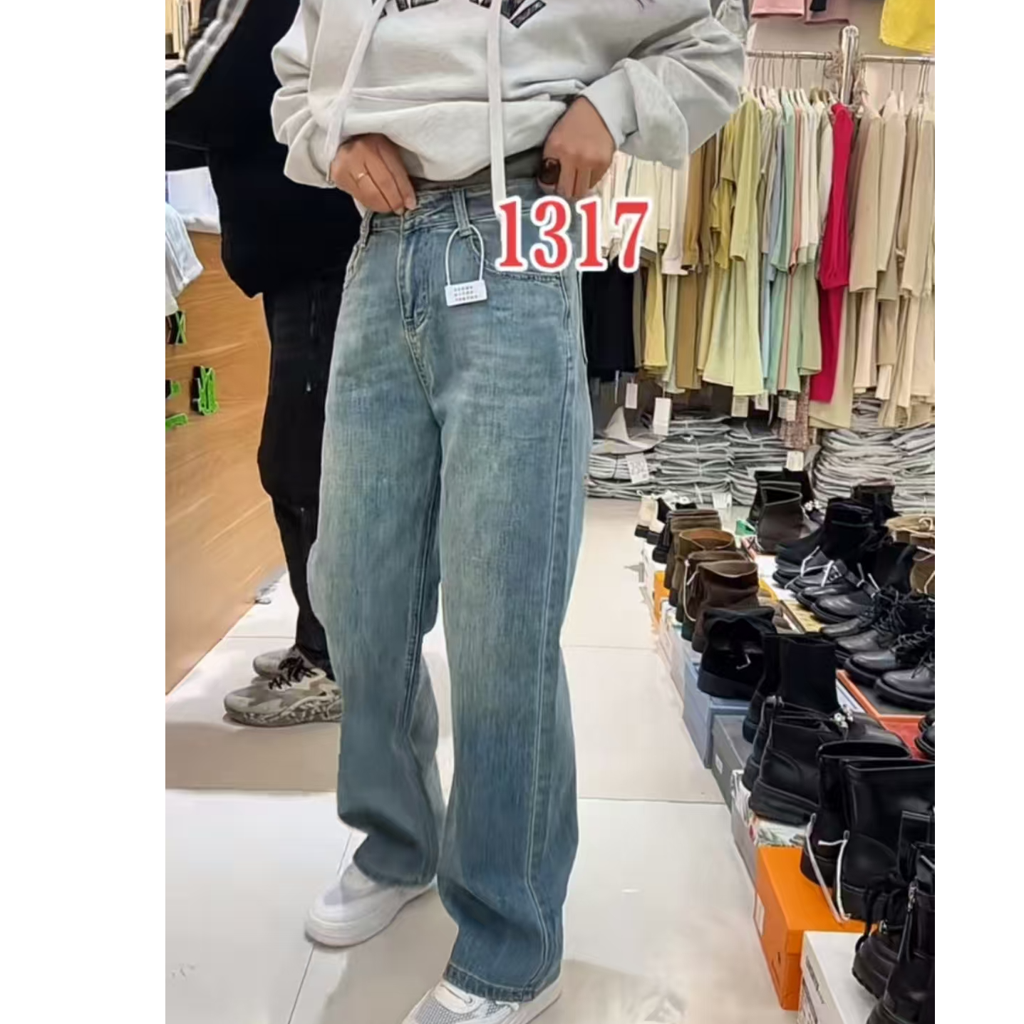 1317#牛仔显瘦蓝色高腰直筒牛仔裤时尚休闲百搭宽松水洗秋款裤子