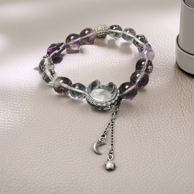 晶莹星紫塔晶白水晶 粉水晶貔貅原创DIY手串