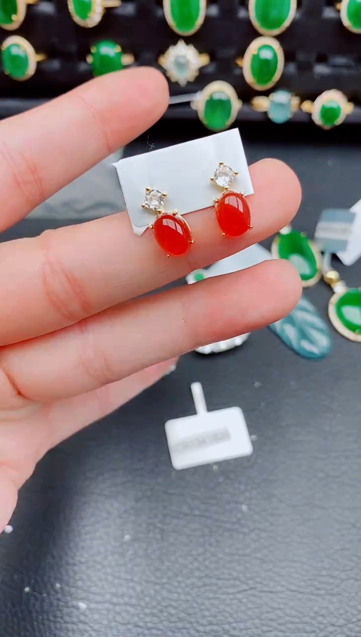 【闪购商品】玛瑙/玉髓耳钉银S925镶嵌天然a货翡翠381