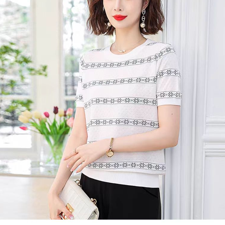 【大婷】拼接立体绣花针织衫圆领短袖T恤女夏季新款休闲宽松上衣102