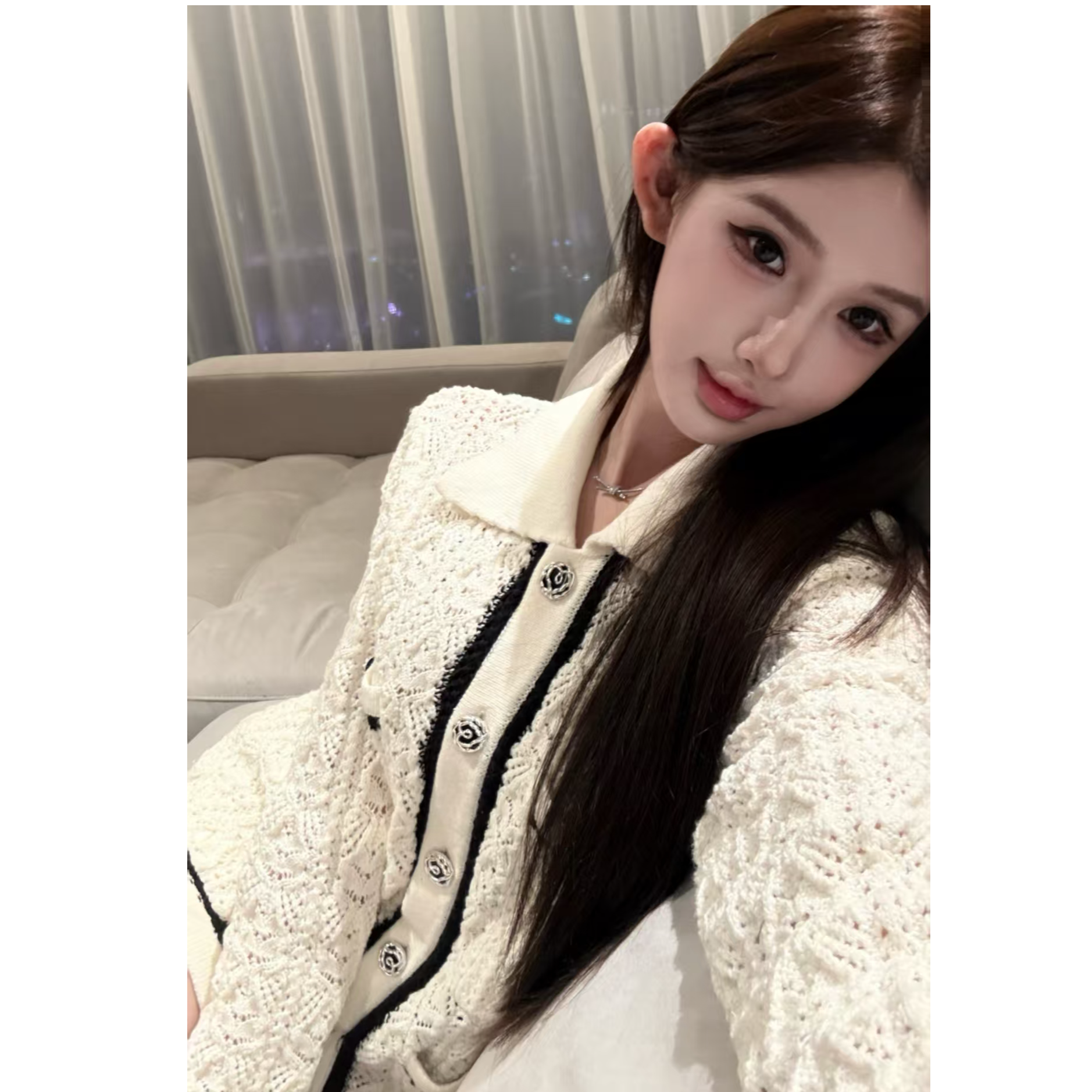 【现货】YIYI SOLO【山茶花少女】法式镂空针织撞色外套TY6966