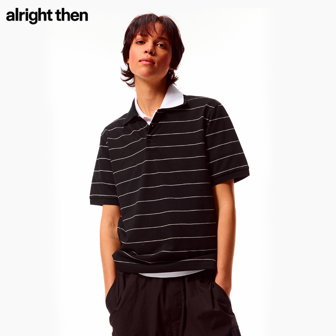 alright then黑白条纹棉质罗纹拼接宽松休闲阔版Polo衫短袖T恤