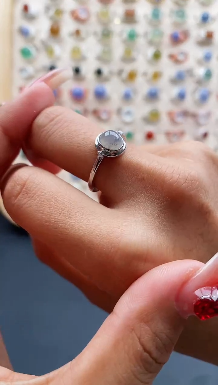 【闪购商品】翡翠戒指银S925镶嵌缅甸天然A货翡翠111 5+7