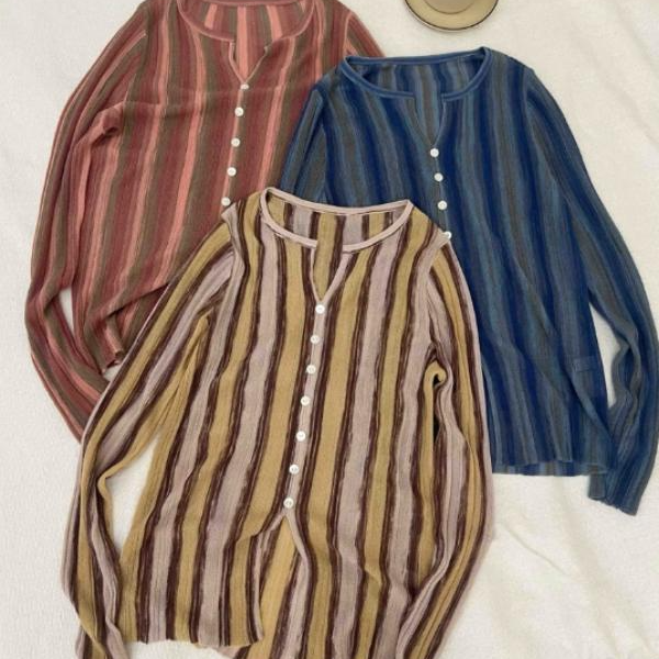 【素简.F9228】早秋新款绵羊毛竹节亚麻单排扣竖条纹开衫上新羊毛衫