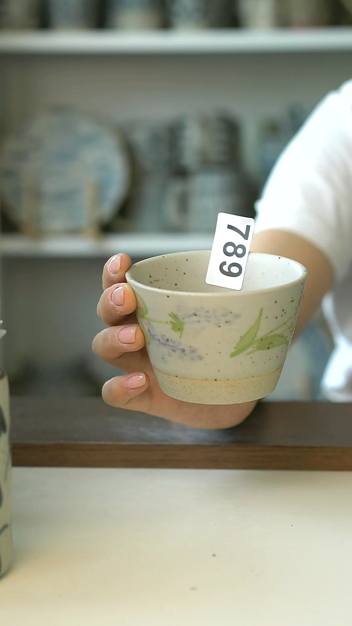 789微瑕青花手绘薰衣草220ml猪口杯@4-2@