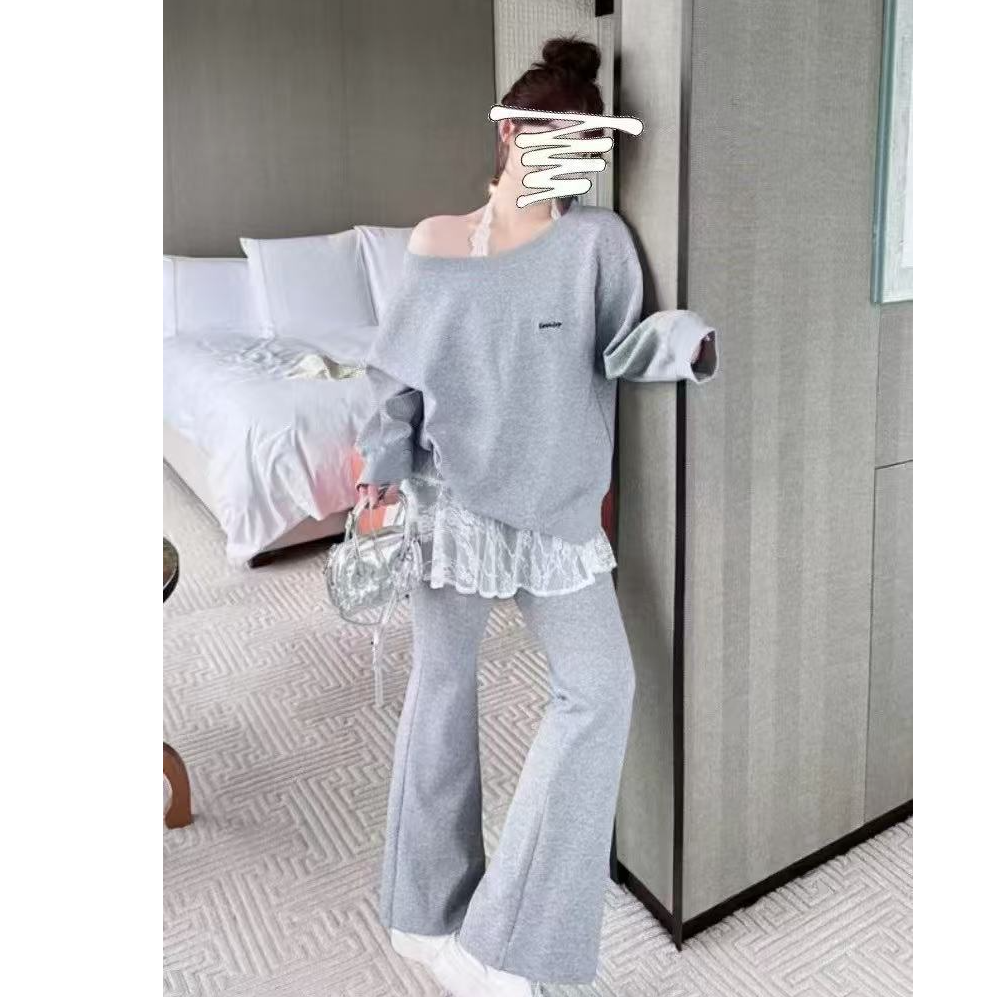 阳阳家春季新款慵懒风斜肩卫衣阔腿裤99261+挂脖蕾丝YXX99262