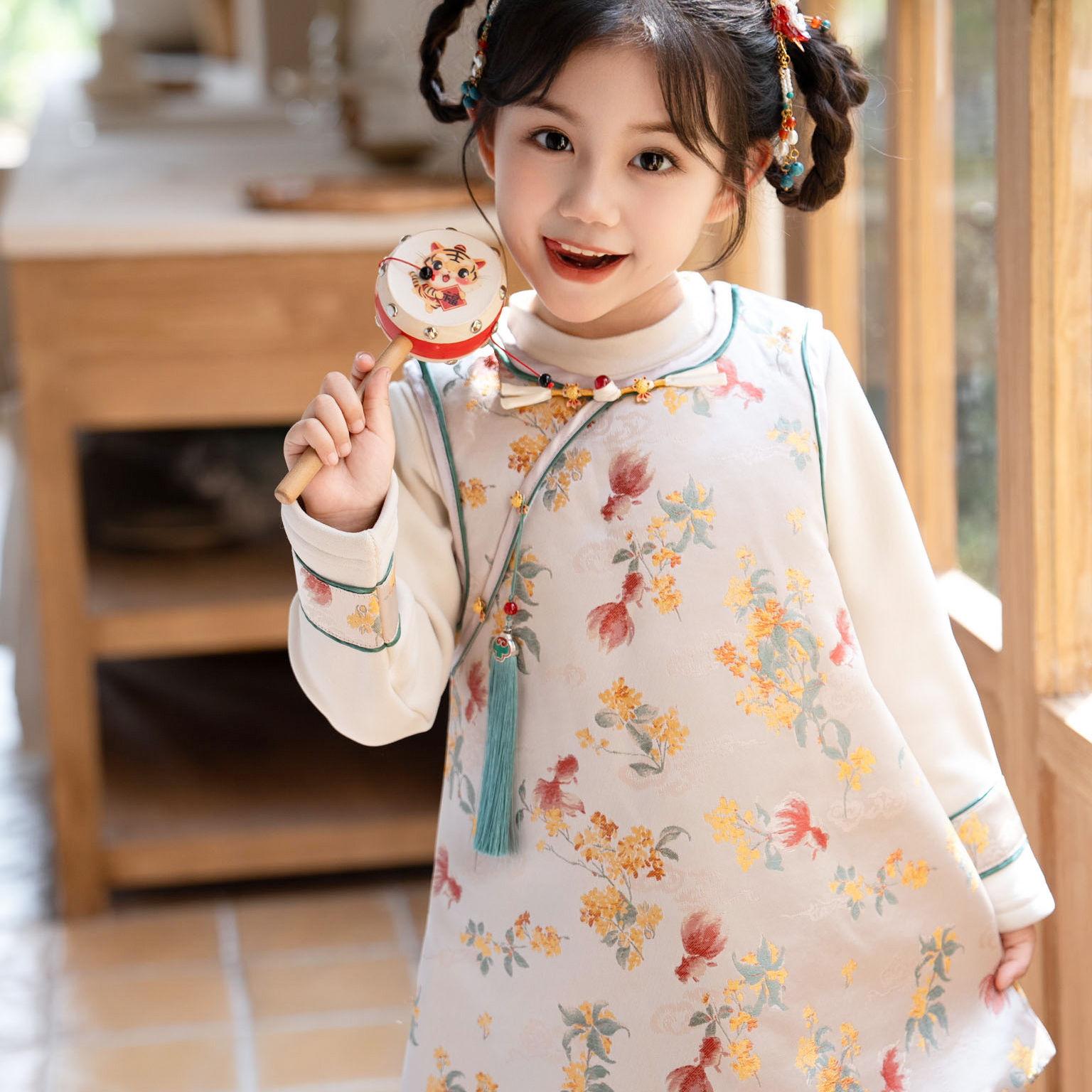 **桂花旗袍裙加绒秋冬款小女孩旗袍裙两件套