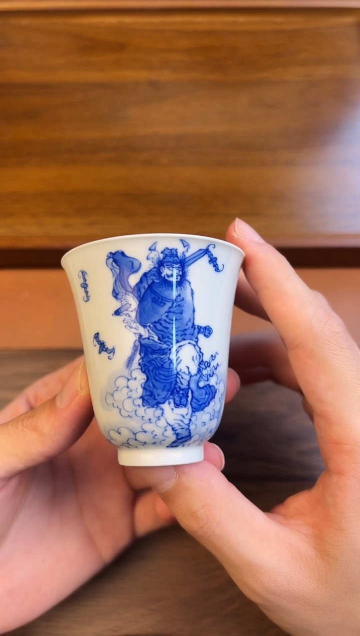 问青坊纯手工手绘青花钟馗赐福柴窑闻香杯