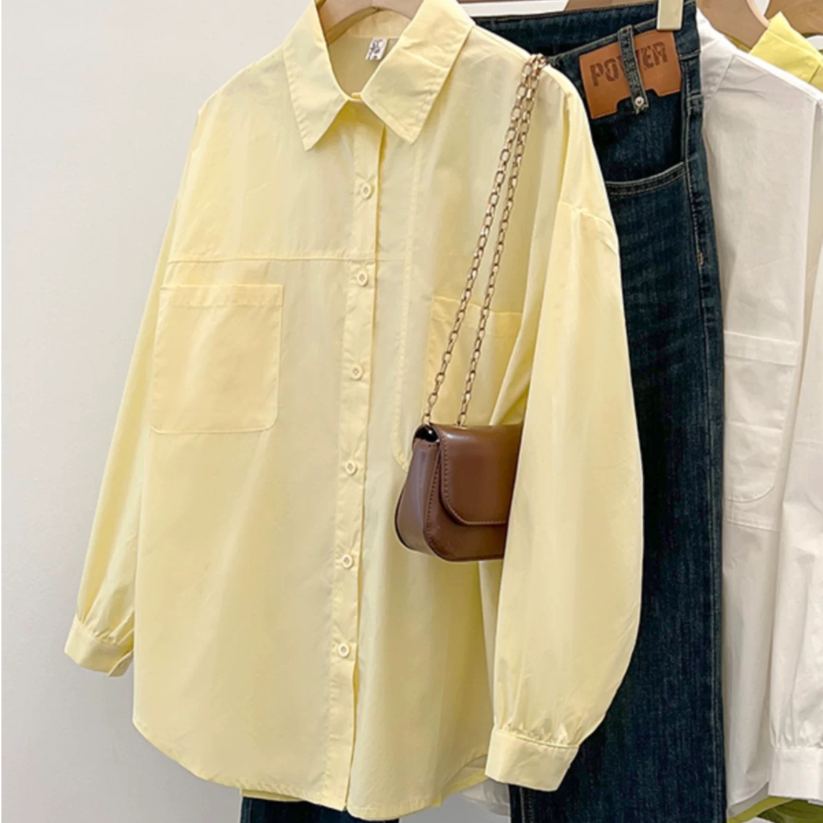 9827女士长袖宽松日式衬衫带口袋纯色上衣