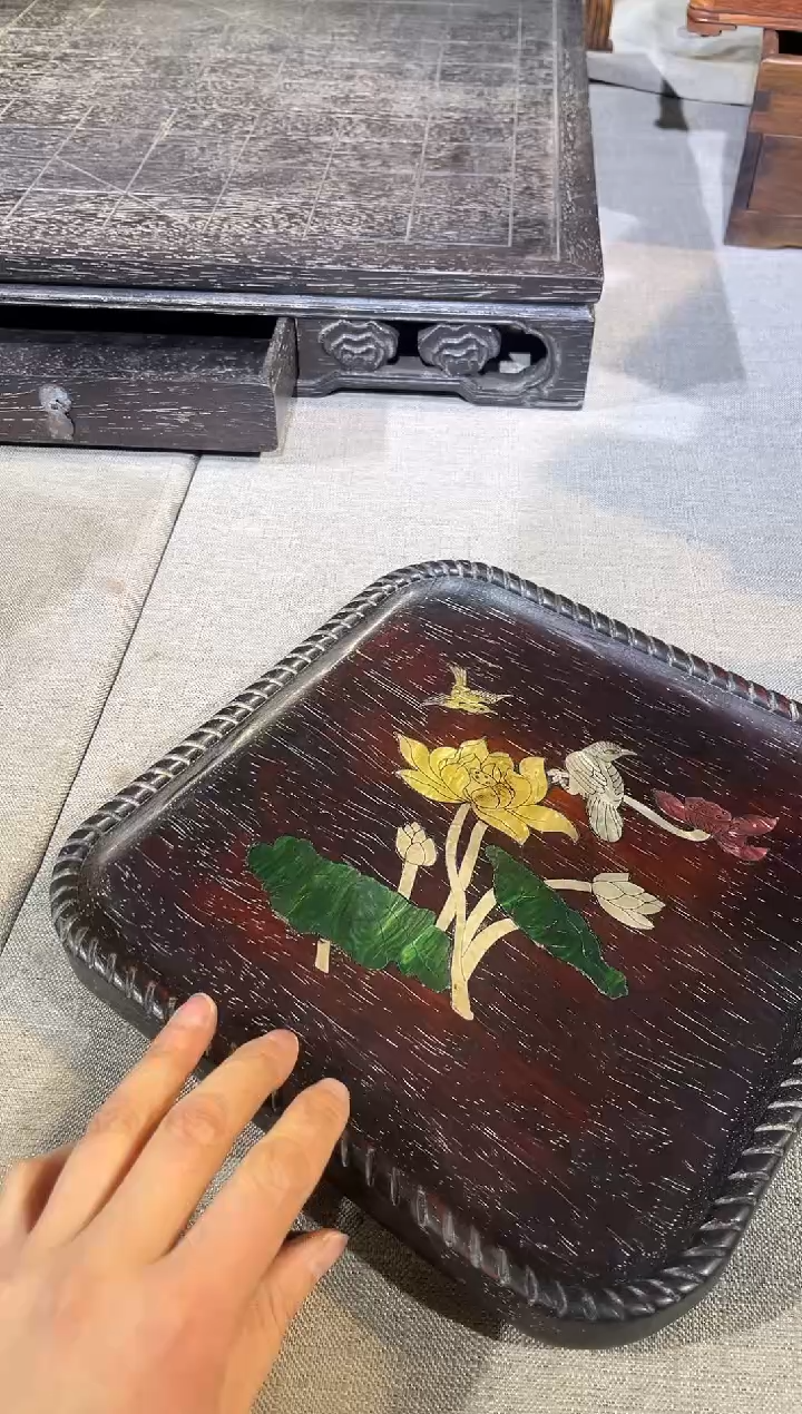 檀香紫檀（小叶紫檀）紫檀镶嵌两只鸟茶盘