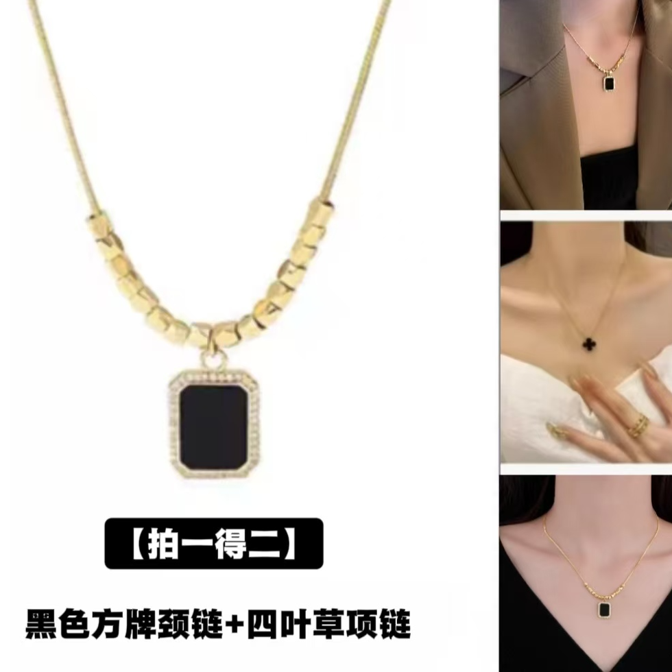 钛钢项链 镀k金设计师款秋冬新款黑色方牌吊坠轻奢气质高级感颈链