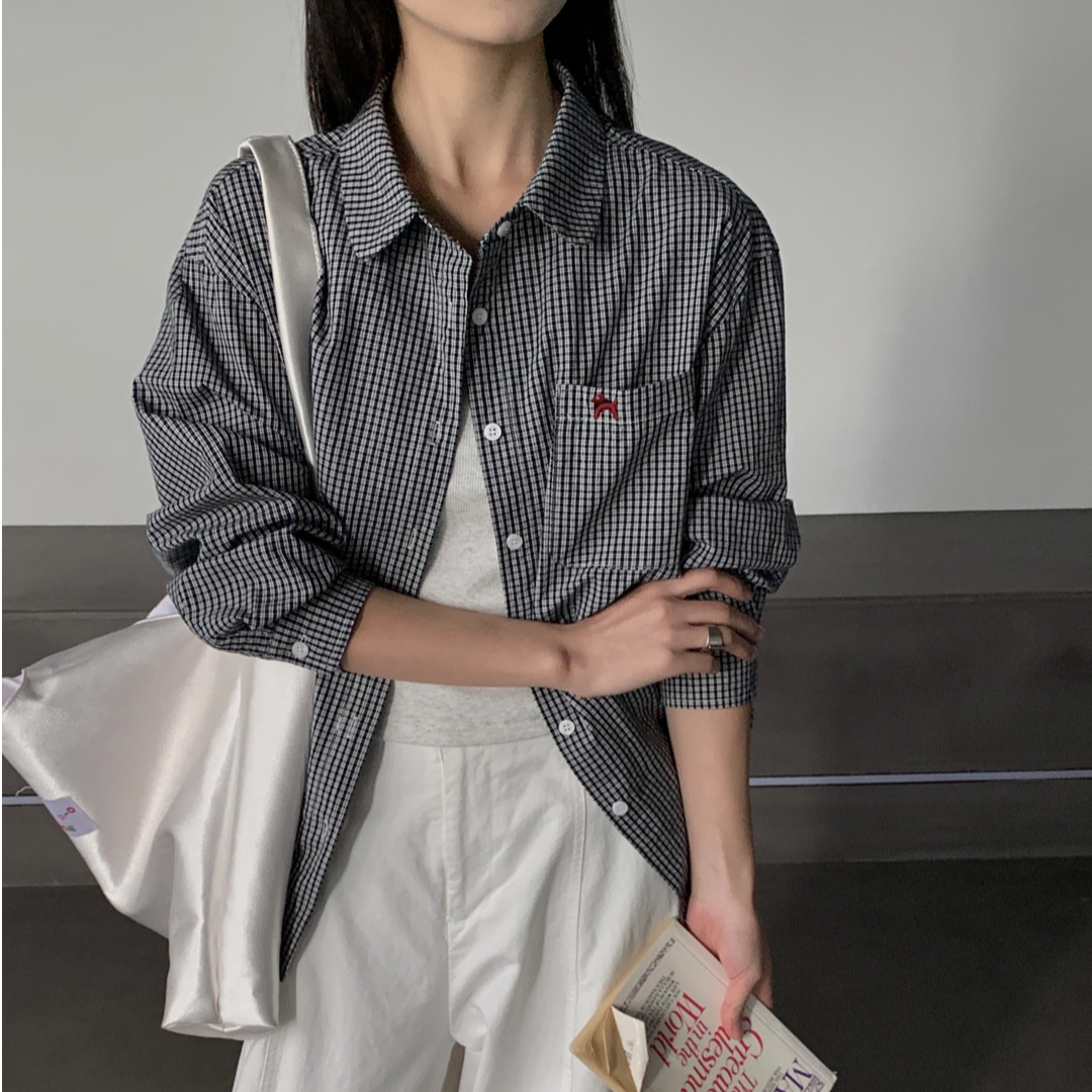 FUJIA STYLE新款韩版百搭时尚刺绣格纹翻领衬衫C6023