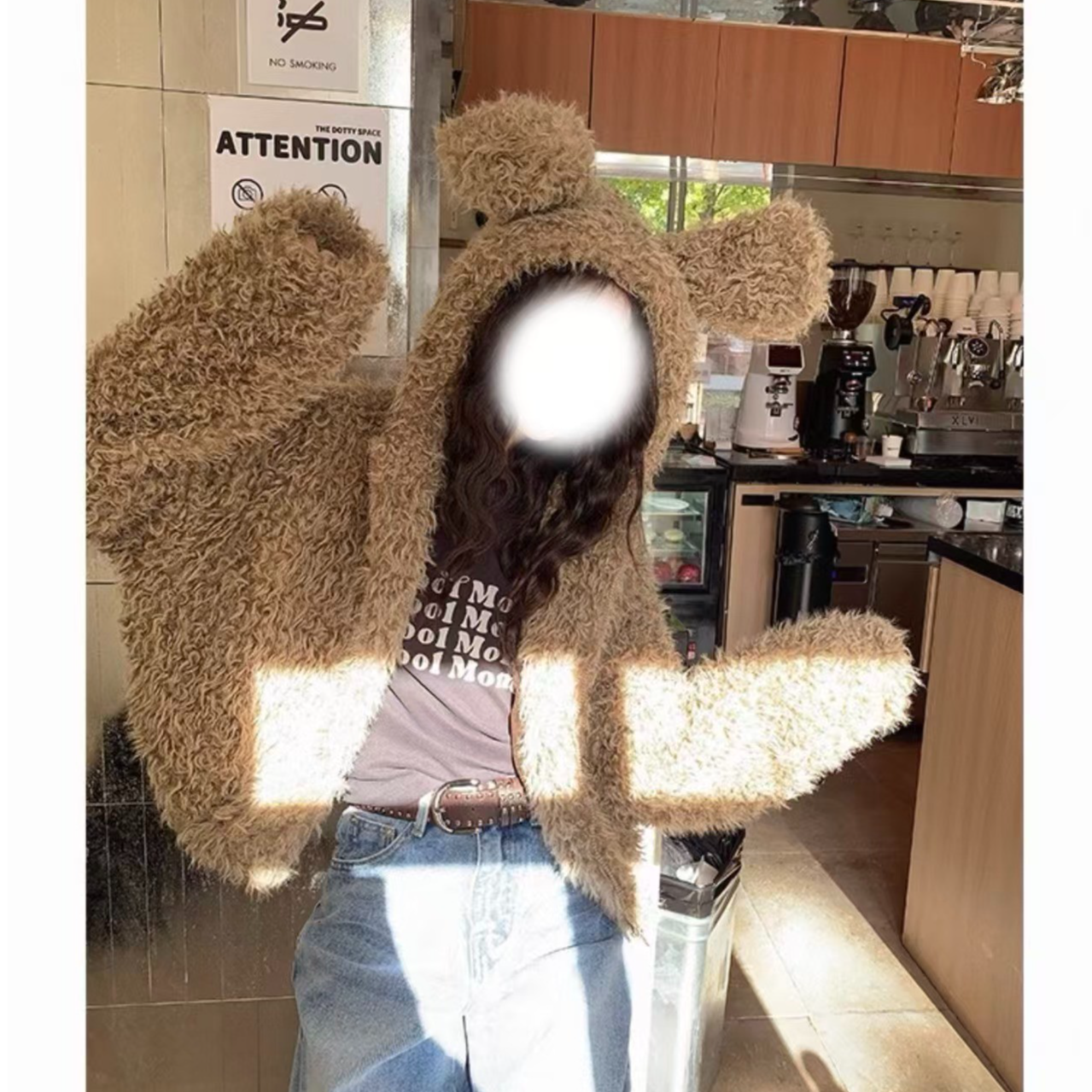 胖鹅张~复古慵懒可爱兔耳朵卷毛毛加绒连帽外套#1367