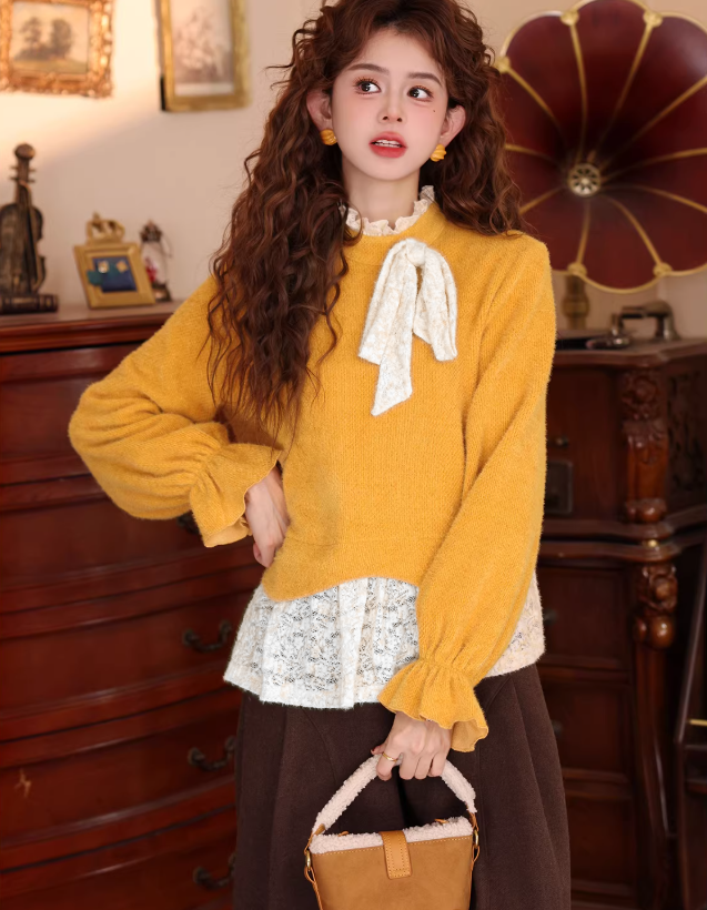 【故纸昏灯】港风复古设计感蕾丝拼接针织宽松百搭女装上衣