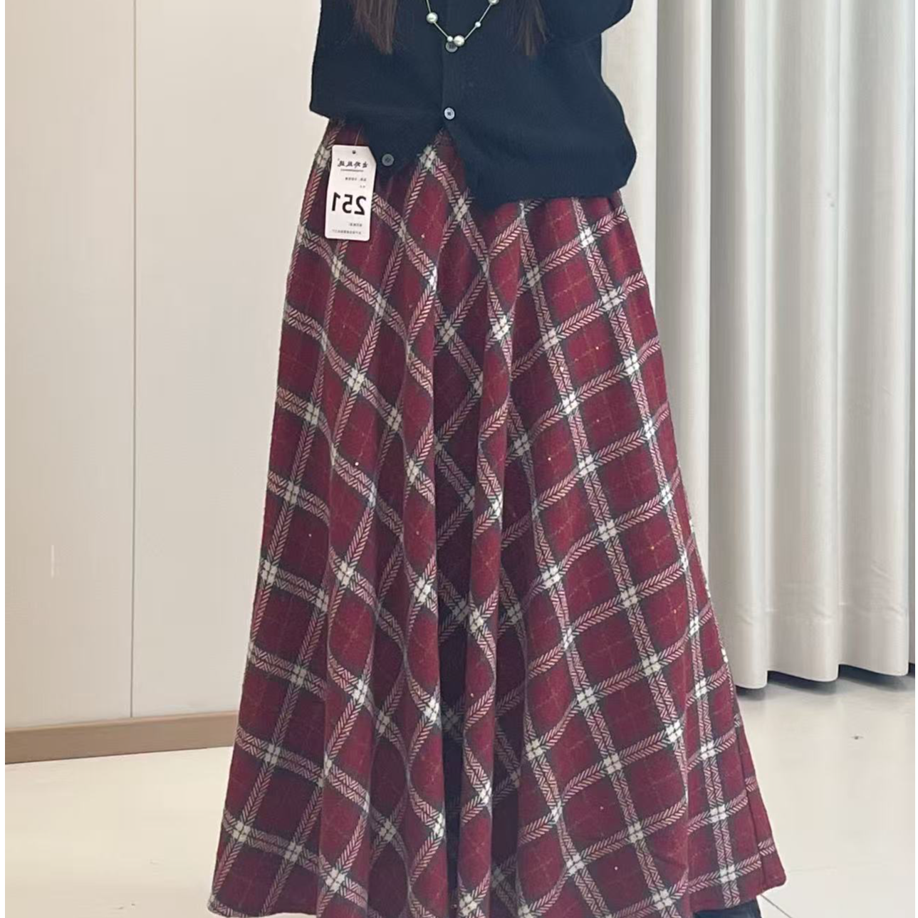 【慧】251大摆毛呢高腰格子复古百搭中长裙半身裙女2025秋冬新款
