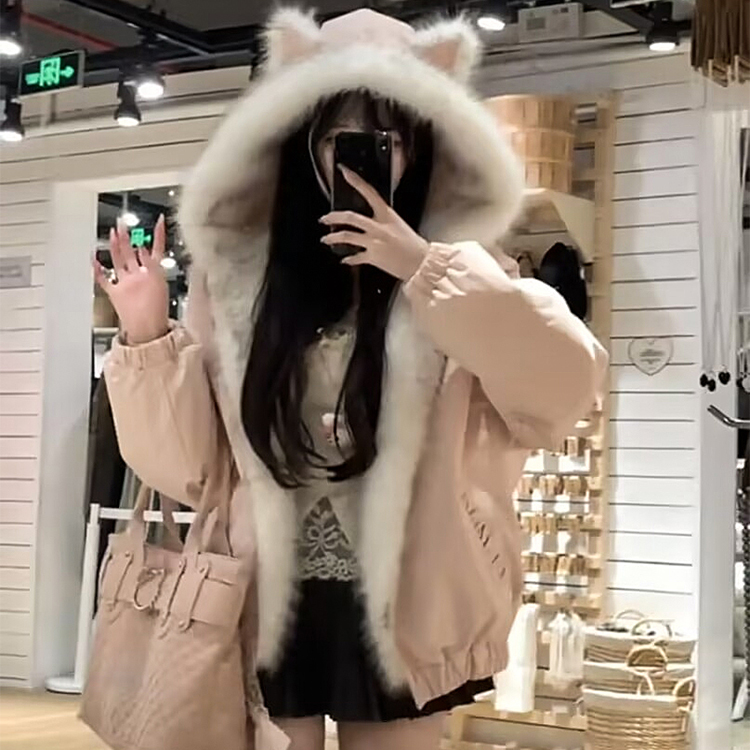 冬季新款座山雕毛毛设计感双面两穿加厚保暖棉服连帽棉衣外套男女