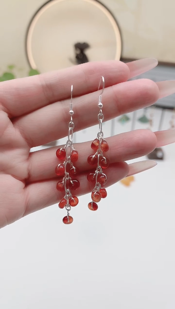 未镶嵌耳饰玛瑙/玉髓00红色流苏