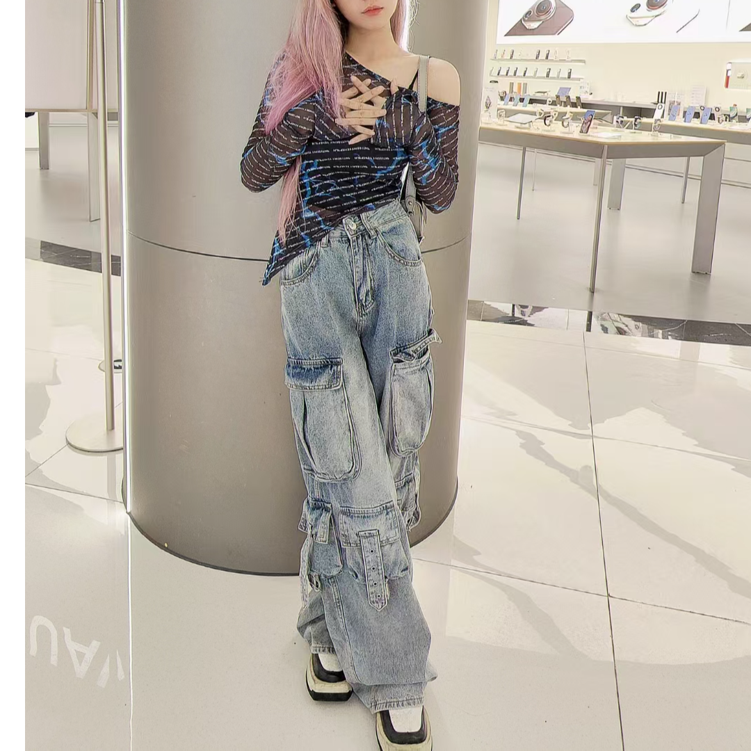 （1号）女装牛仔裤春夏季显瘦直筒百搭复古宽松破洞拖地裤渐变阔腿