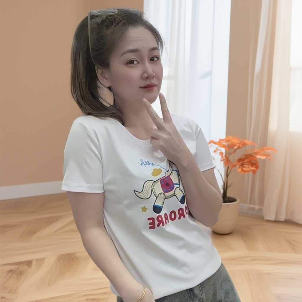 新款时尚百搭显瘦夏季圆领小马图案宽松短袖T恤