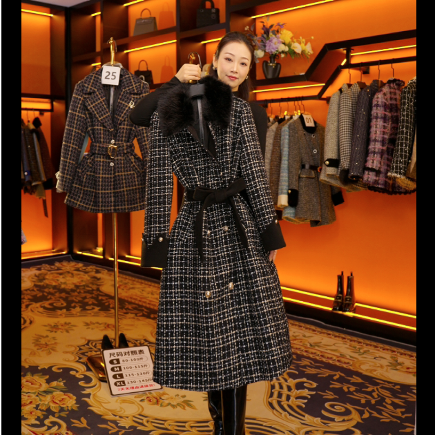 【YX】设计师气质小香风格子冬季时尚女士收腰羽绒服中长款  Y890