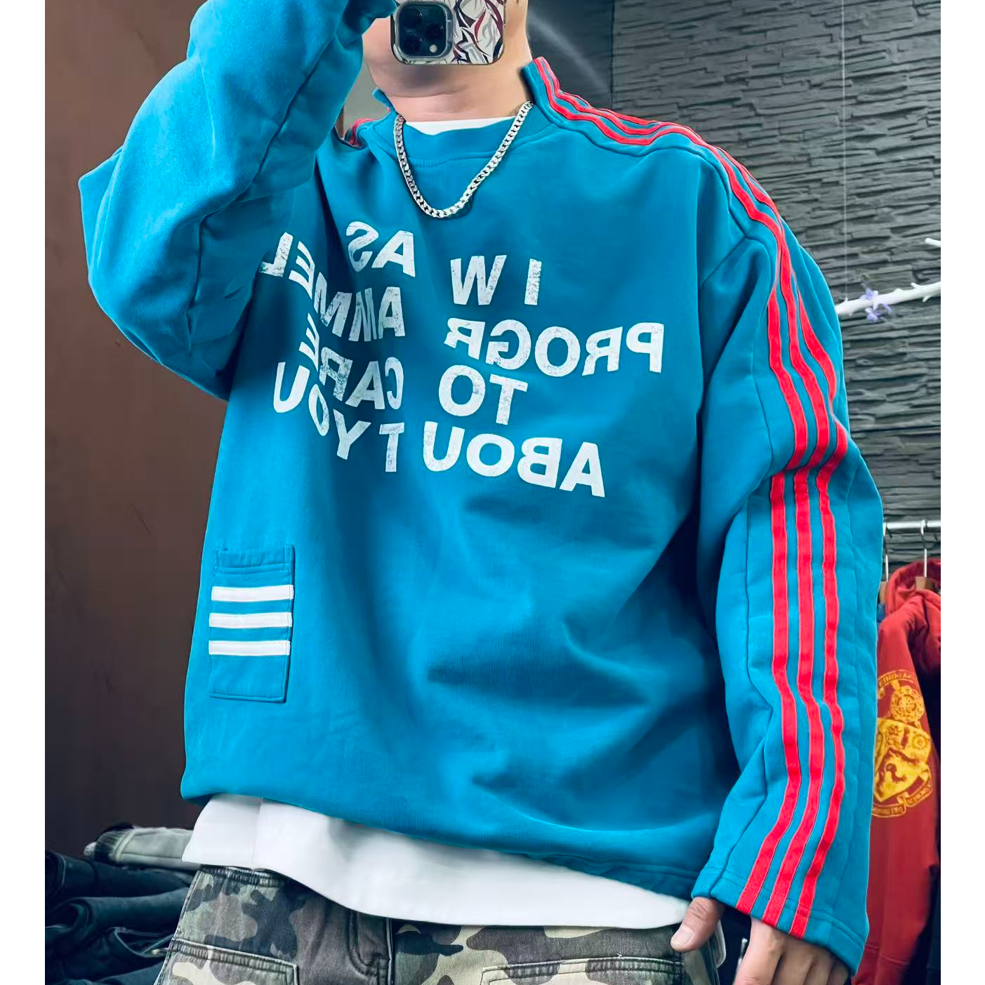 冬季重磅B家拼接美系加绒加厚印花宽松短款男女同款圆领卫衣8126