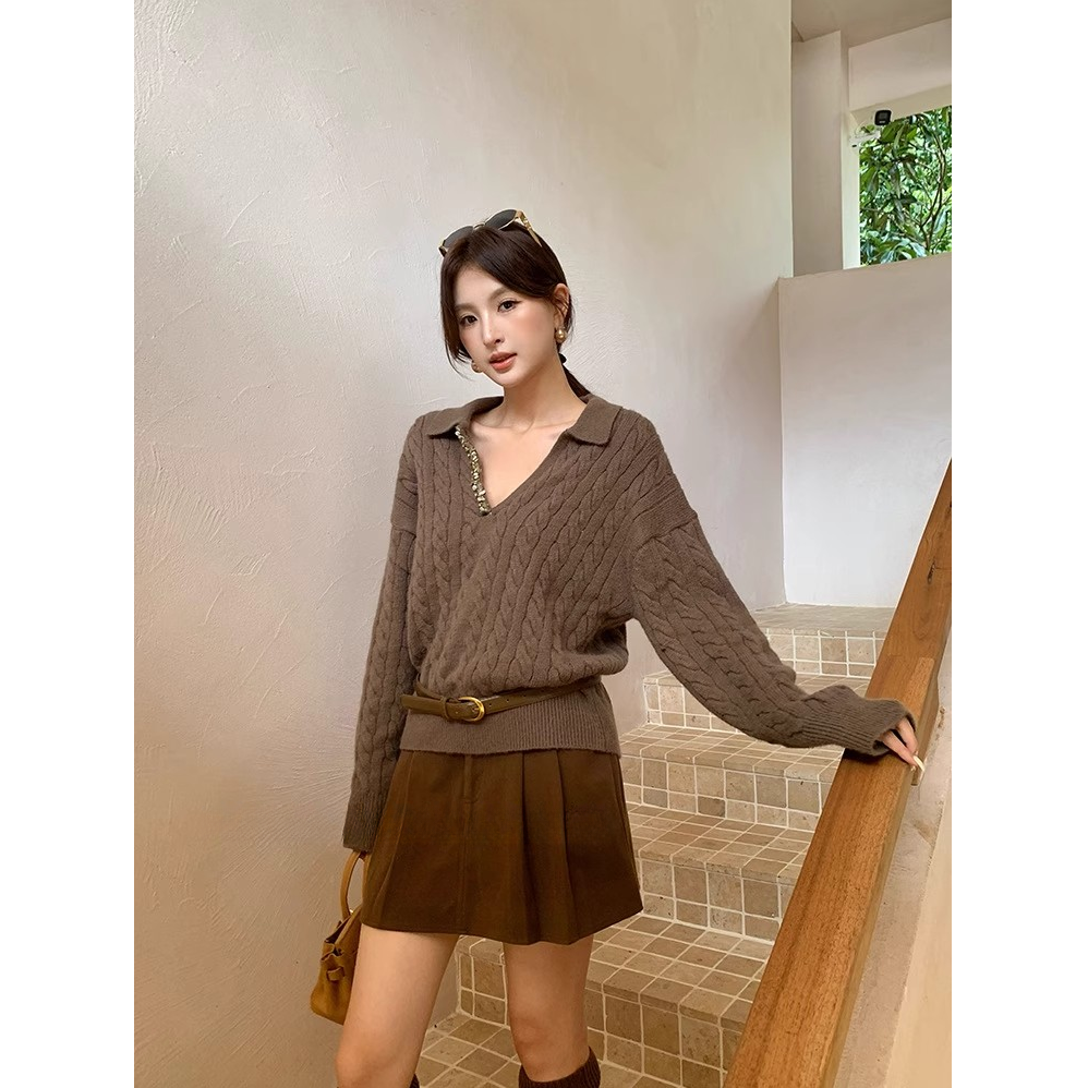 气质温柔V领麻花纹套头保暖毛衣秋冬新款慵懒风亮片针织上衣G9-63