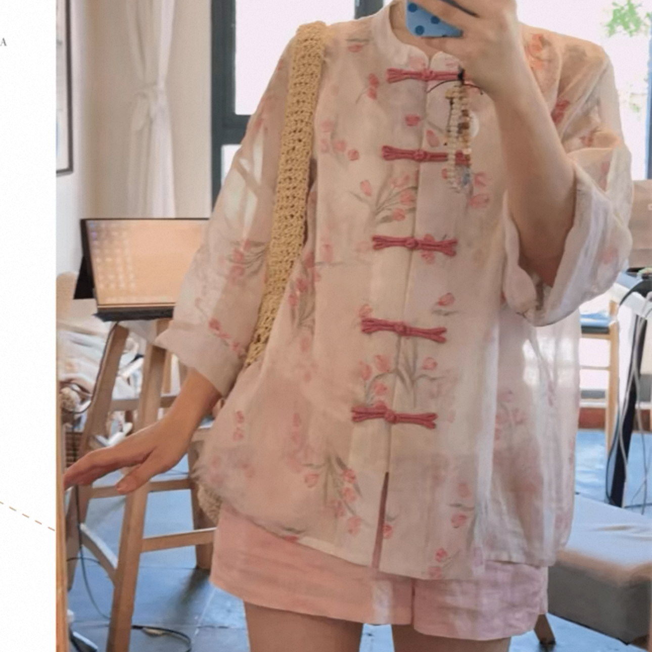 妍新中式禅意套装改良盘扣衬衫减龄穿搭一整套粉色短裤新款两件套