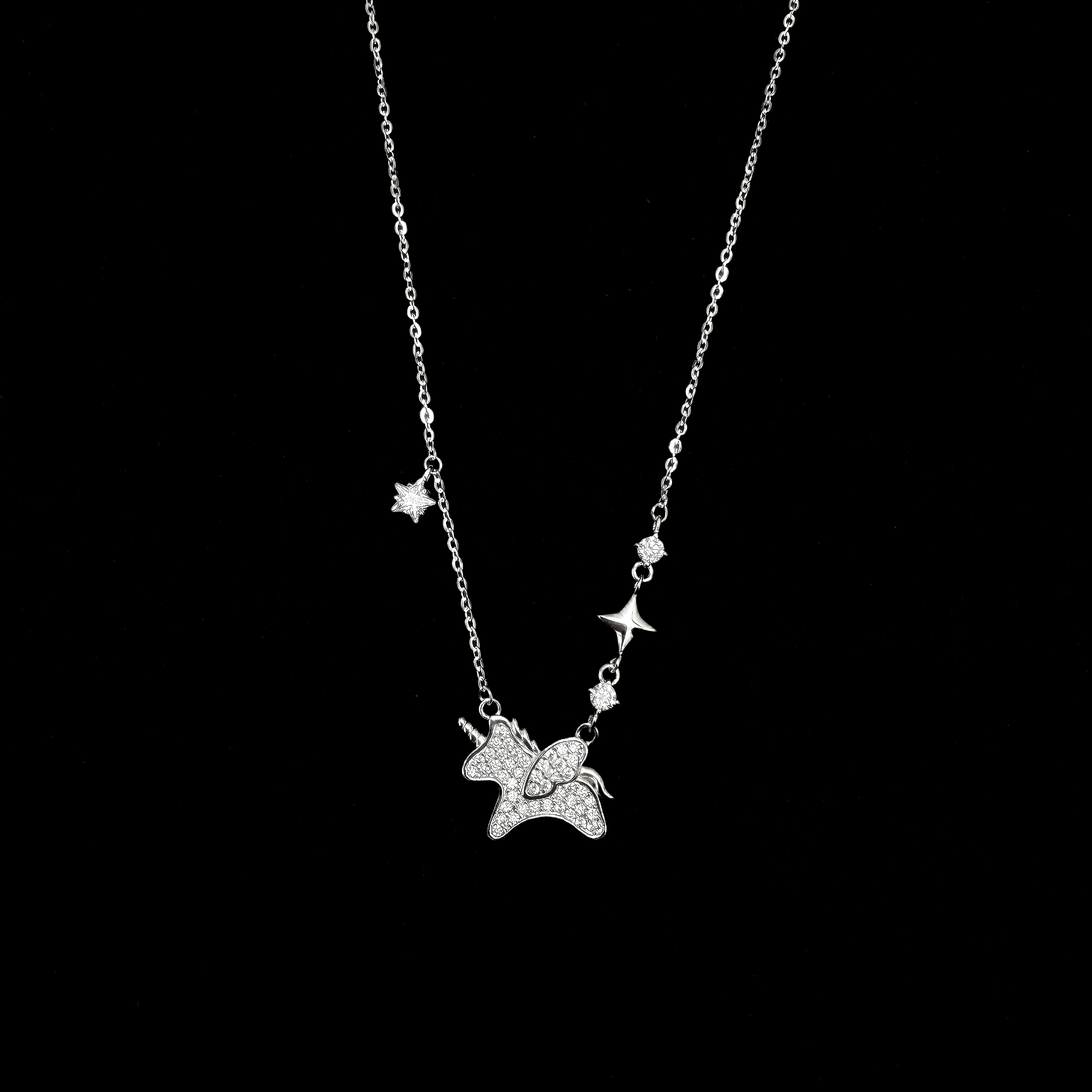 七度银饰 坠链均925银合成锆石 银色独角兽满钻高级轻奢感精致