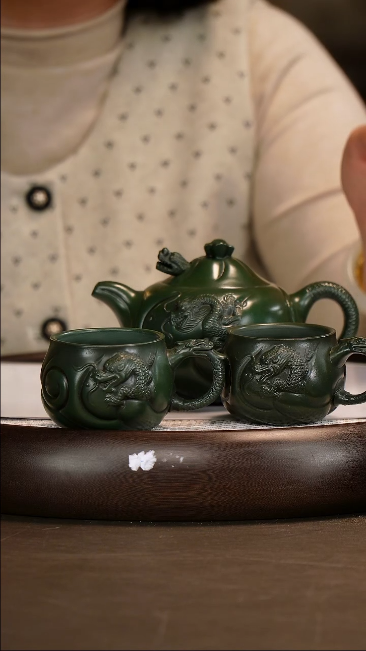 茶壶紫砂【朱持平】可心绿泥 高鱼化龙套组 290cc 