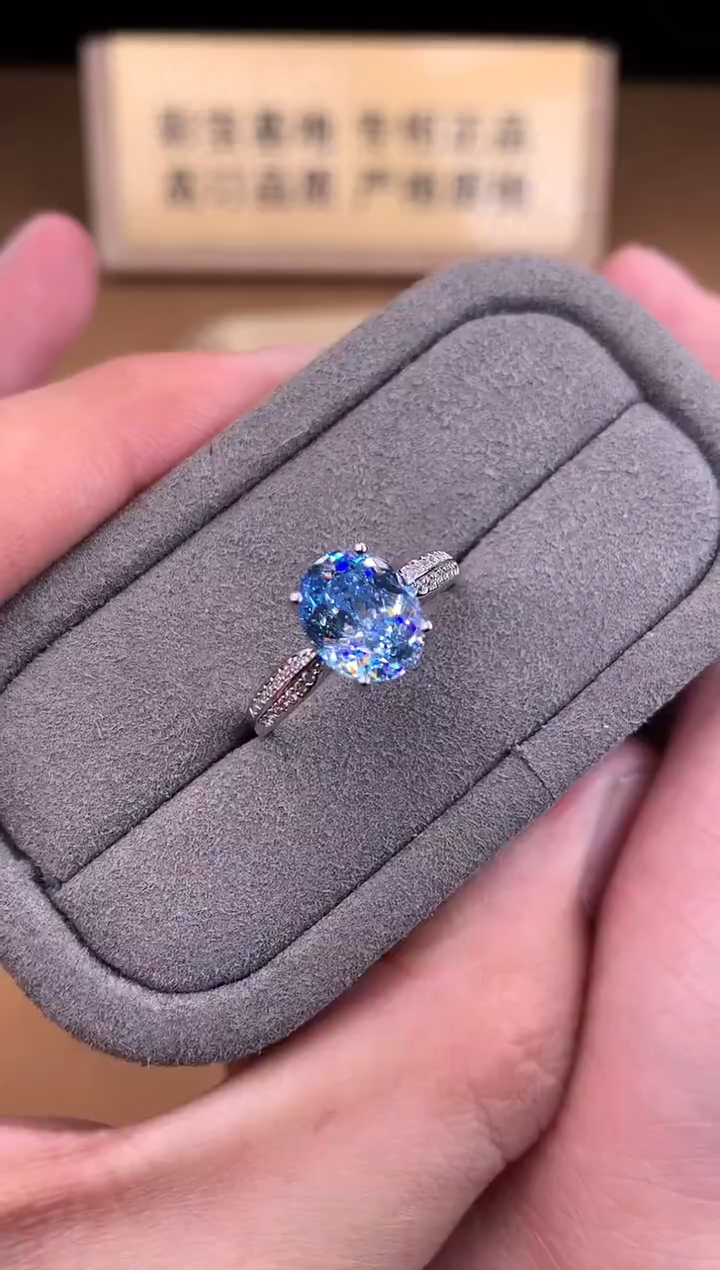 银S925镶嵌戒指海蓝宝石2222