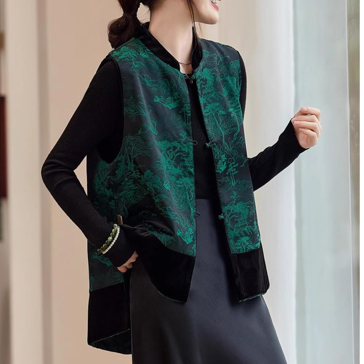 新中式国风复古气质重工提花双面穿马夹女春秋无袖上衣百搭马甲女