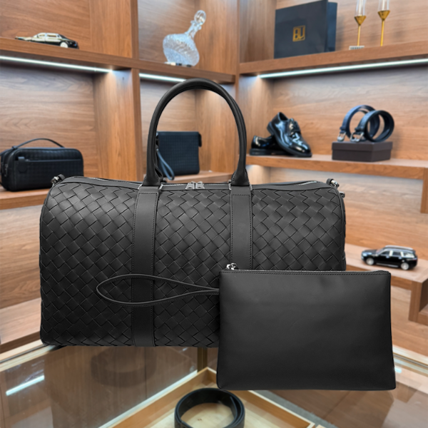 BV头层胎牛皮纯手工编织旅行包男包外出大容量出差短途手提行李包