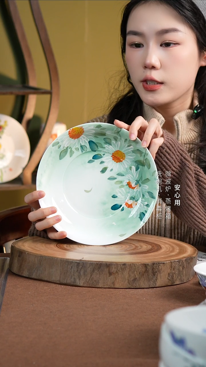 瓷?*綫景德镇高温手绘釉下彩8英寸官窑窝盘翡翠绿雏菊