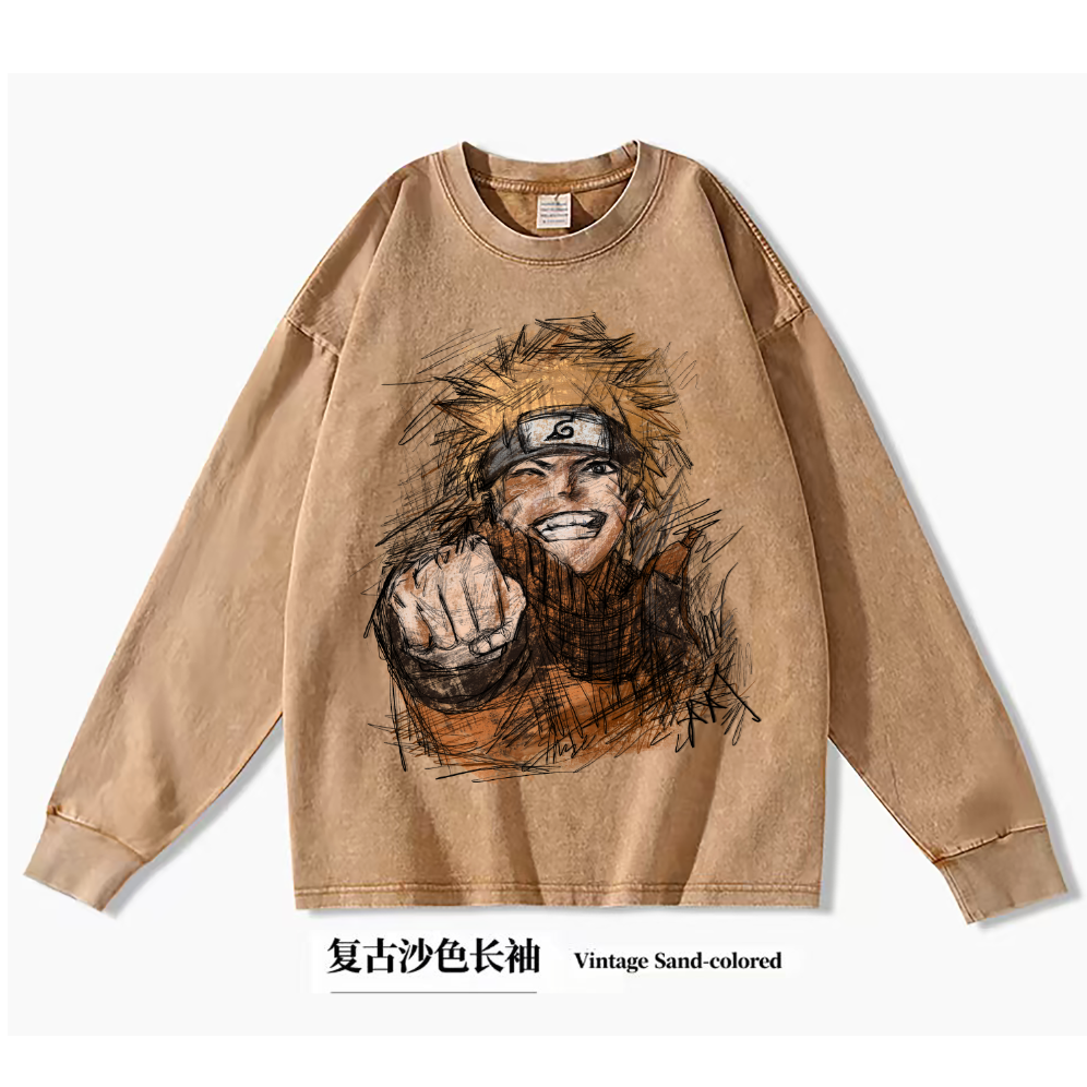 【鸣人】做旧水洗秋冬重磅纯棉长袖宽松280g手绘设计款