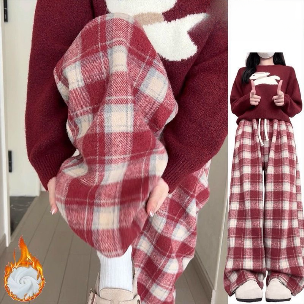 宽松冬季新款加绒加厚阔腿裤毛呢格子高腰显瘦大码加厚保暖直筒裤