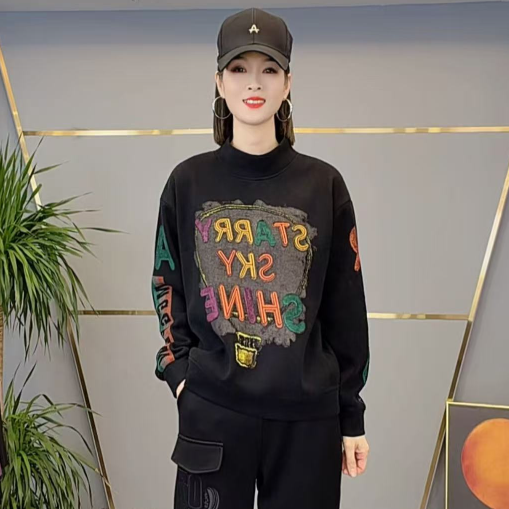 shishu/拾束冬季新款时尚彩色字母印花显瘦百搭加绒卫衣女CY6657