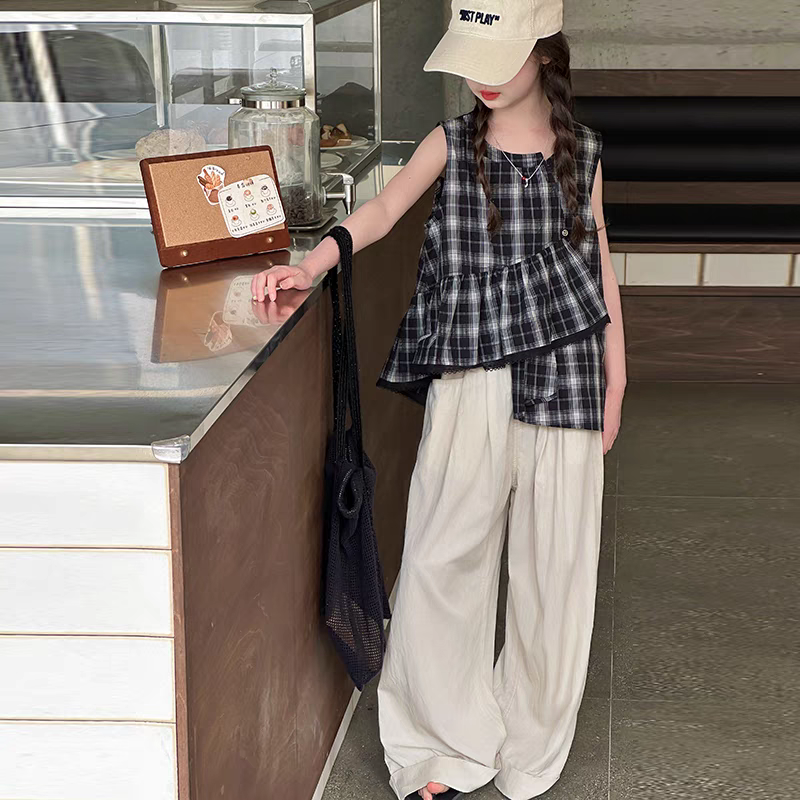 女童无袖套装夏季2025新款中大童不规则格子上衣时髦阔腿裤两件套